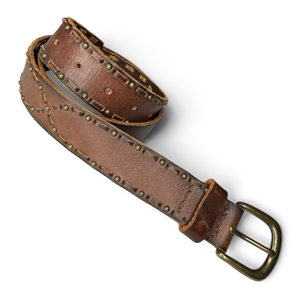 2013 AEO American Eagle Y2K Leather Belt Men's 34" Brown Stitched Studded